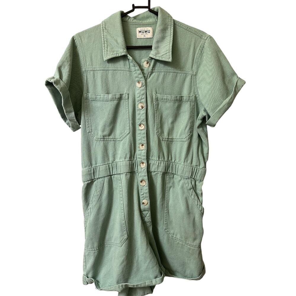 Show Me Your Mumu Canyon Romper XL Mint Green Denim Utility Button Front - Picture 2 of 5
